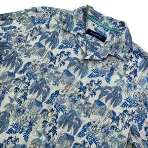 Tommy Bahama 100% Silk Mens White & Blue Asian Style Bamboo Button Down 474